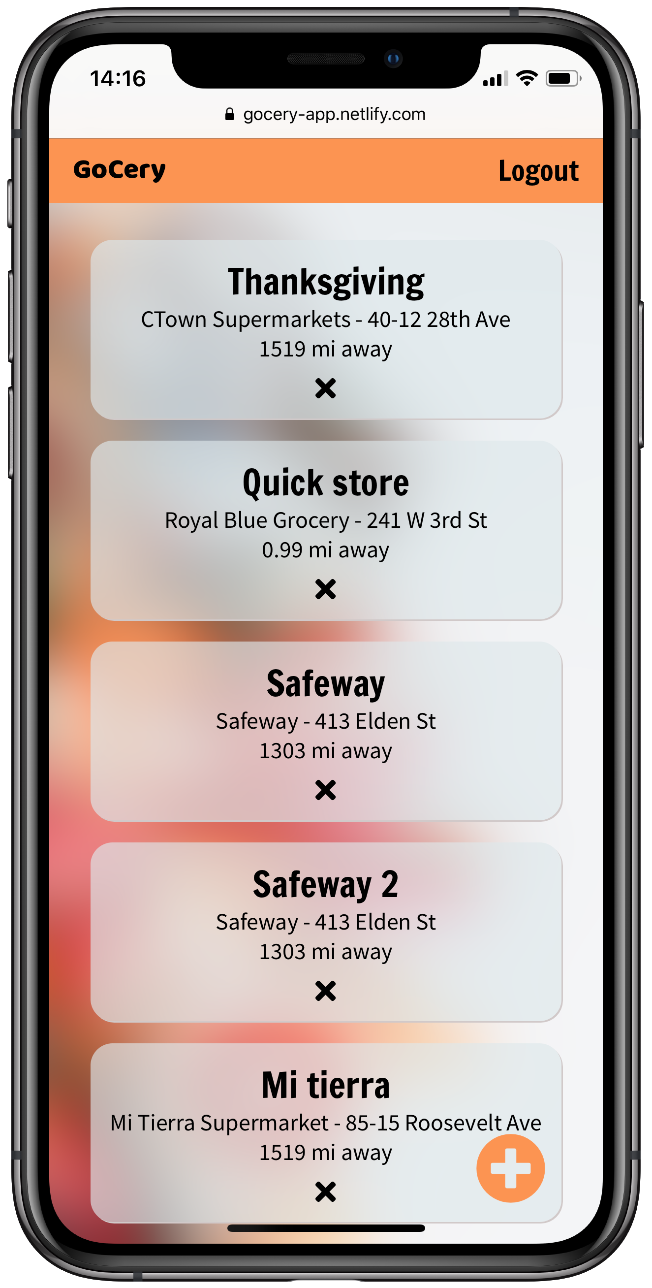 A user's shopping lists Mobile screenshot showing all of a user's shopping lists