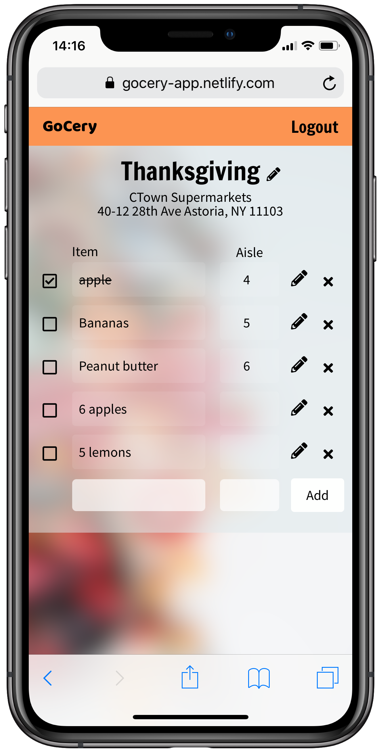 One of a user's shopping lists Mobile screenshot showing one of a user's shopping lists