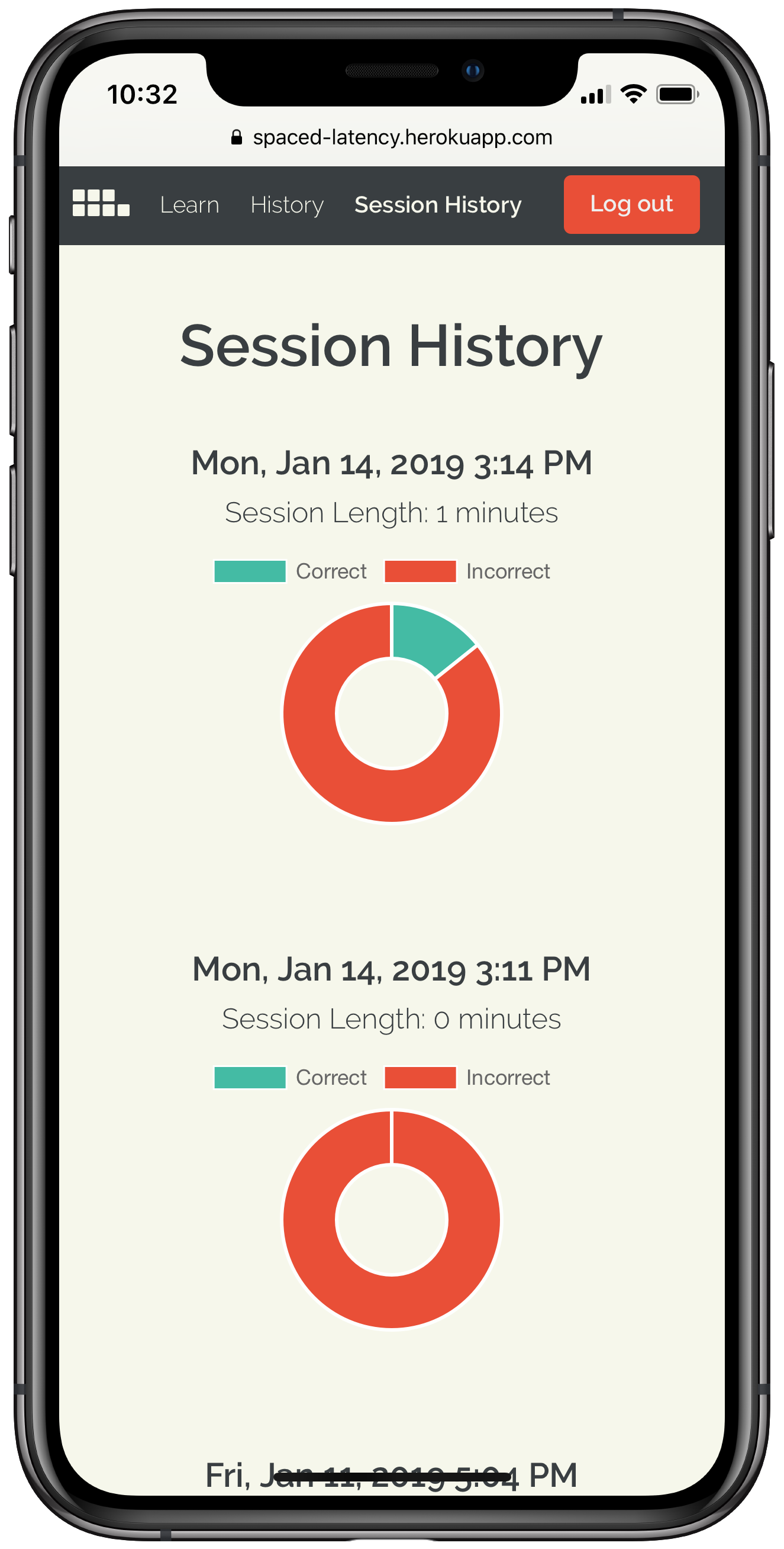 See your session history Mobile screenshot of a user's session history